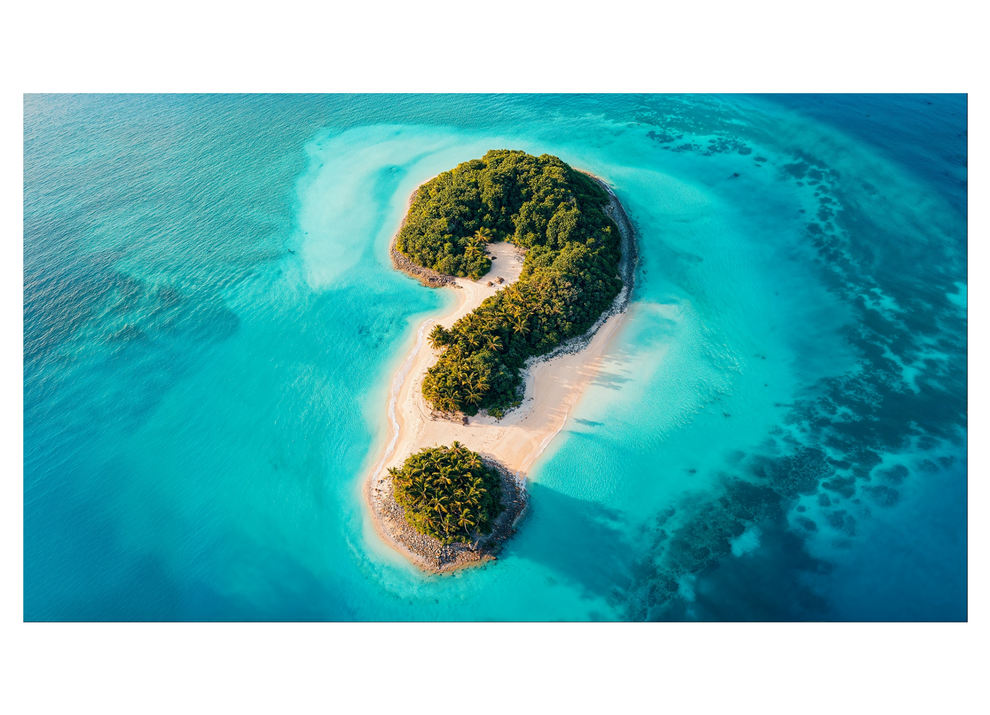 I.A. 3D île paradisiaque forme point interrogation océan