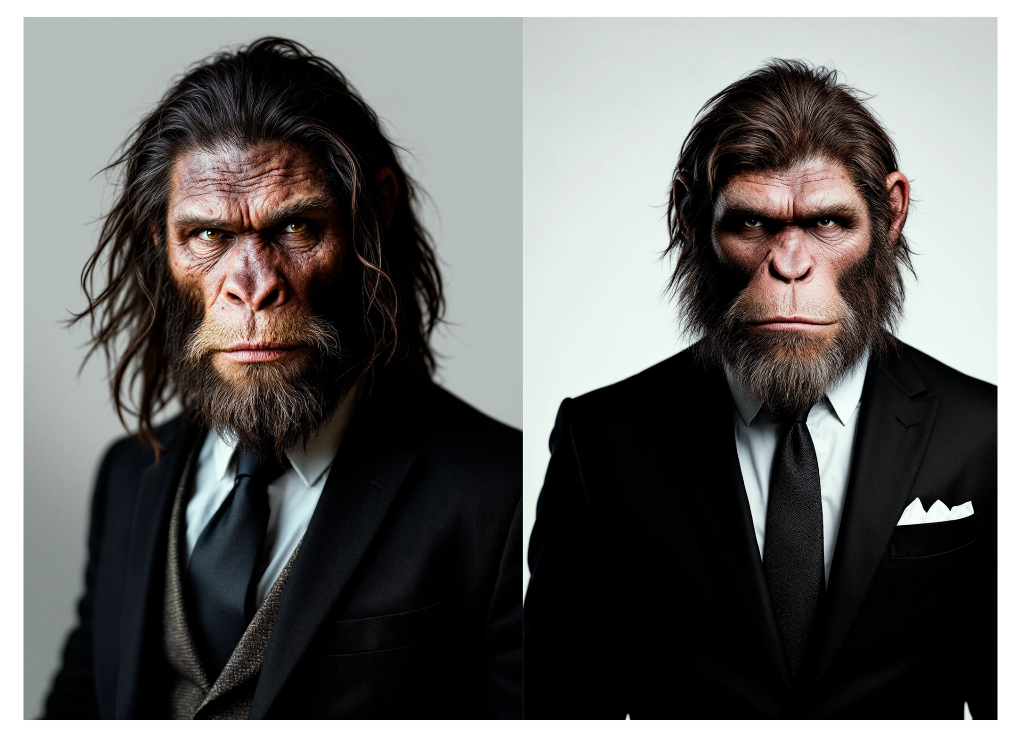 I.A. portrait homme néandertal avec costume studio photographie