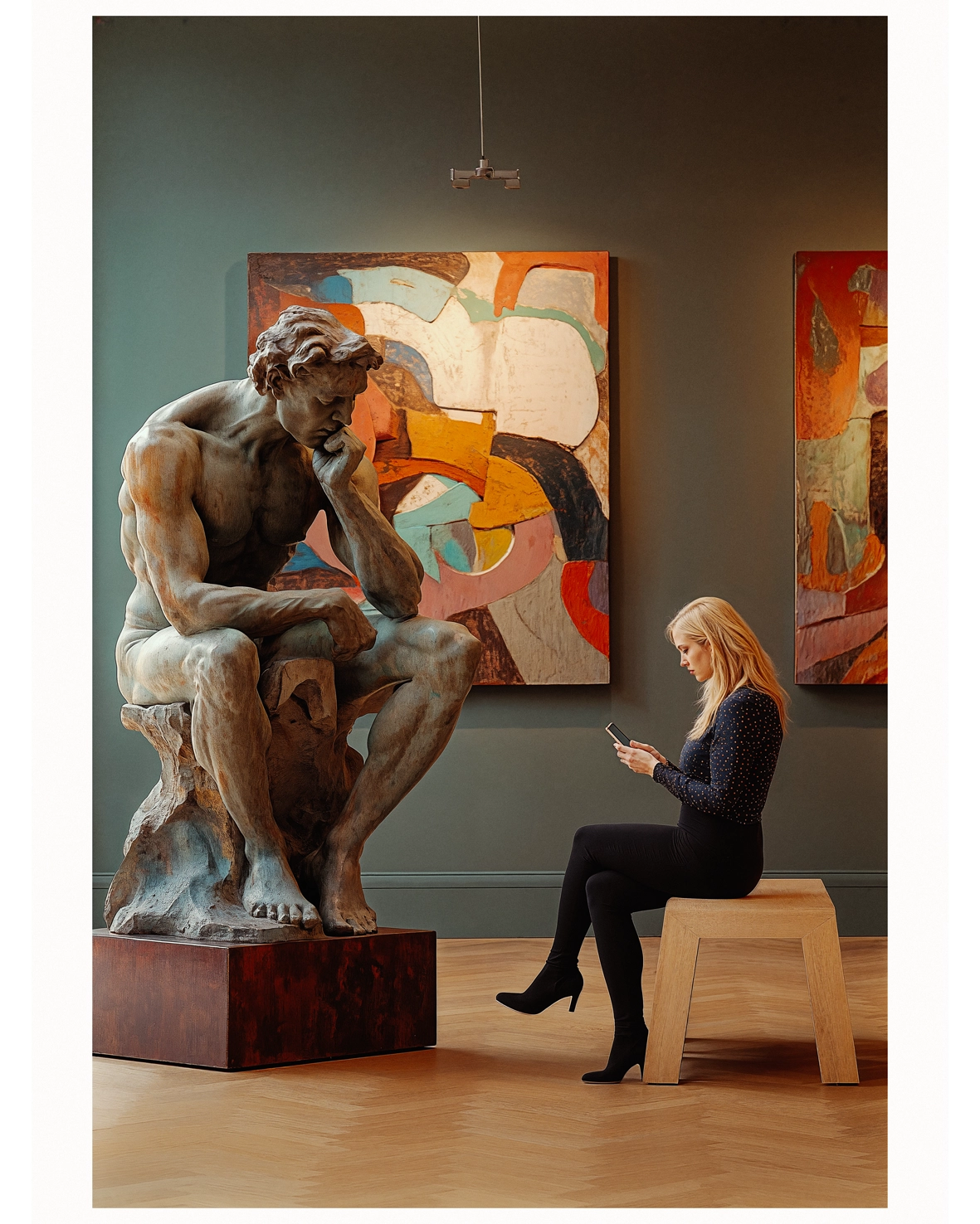 I.A. 3D musée statue penseur style rodin femme smartphone